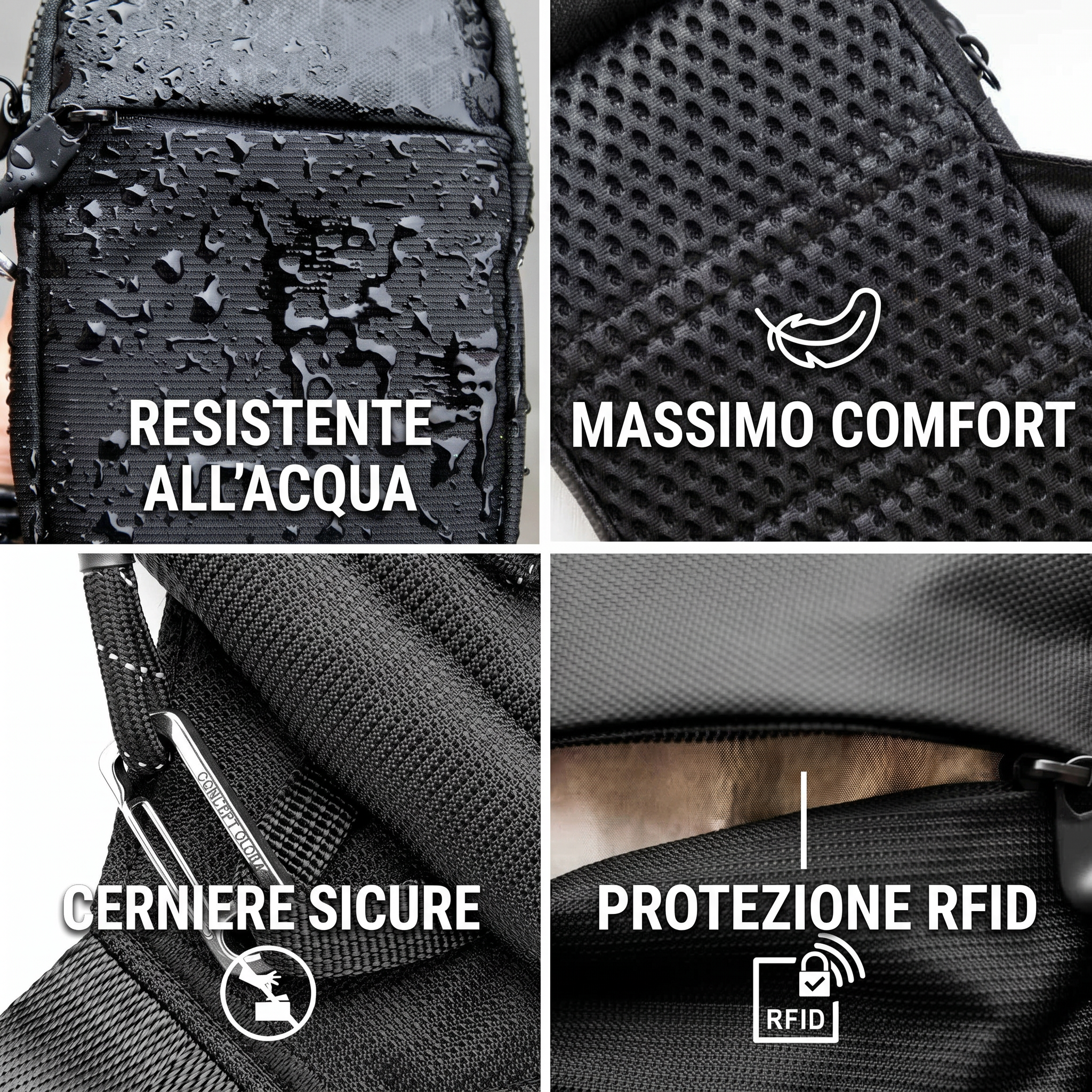 Caratteristiche: impermeabile, comfort, cerniere sicure, RFID